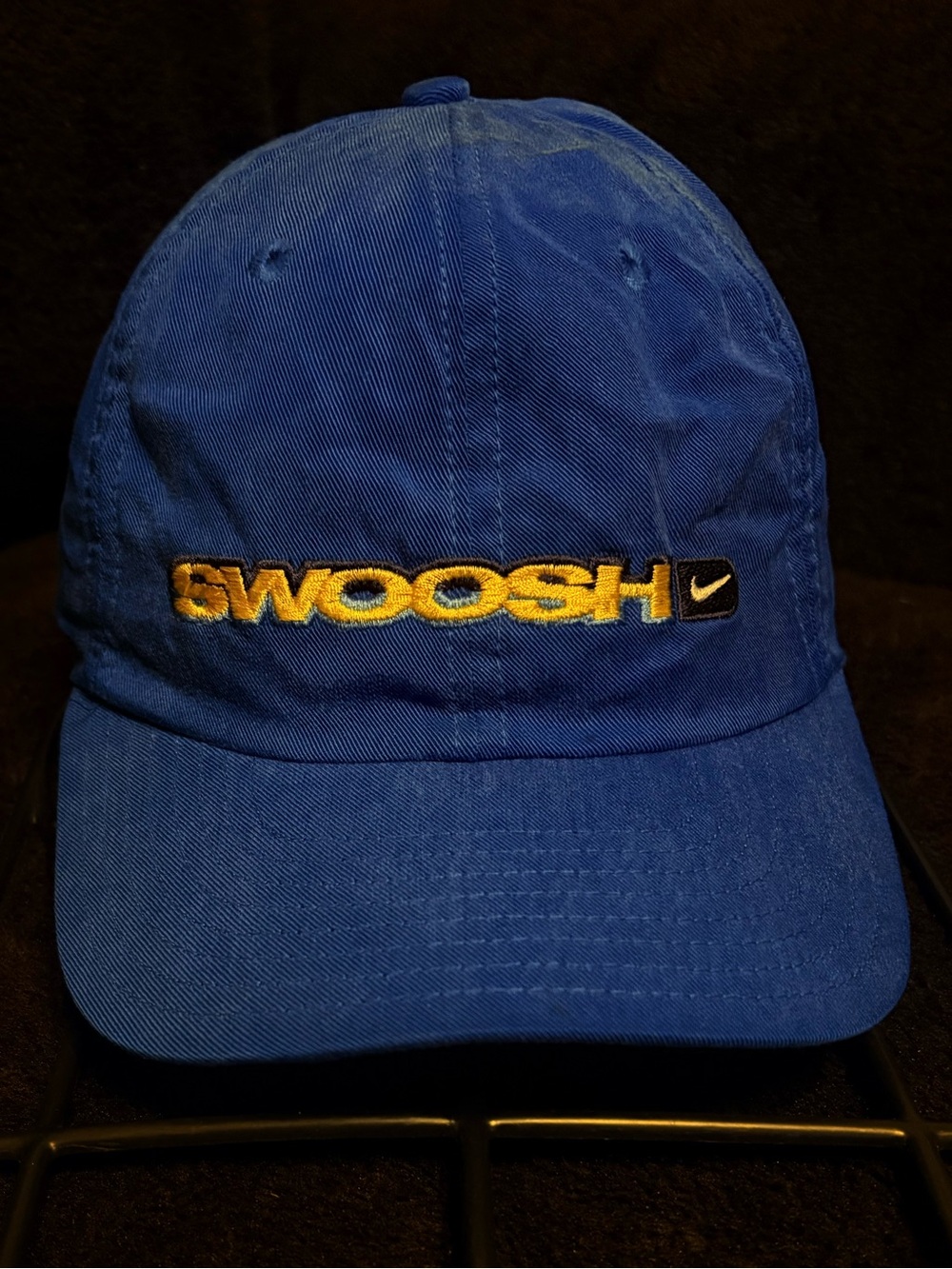 Nike Vtg 90s White Tag "Swoosh" Embroidered Spellout Blue Strapback Hat EUC
